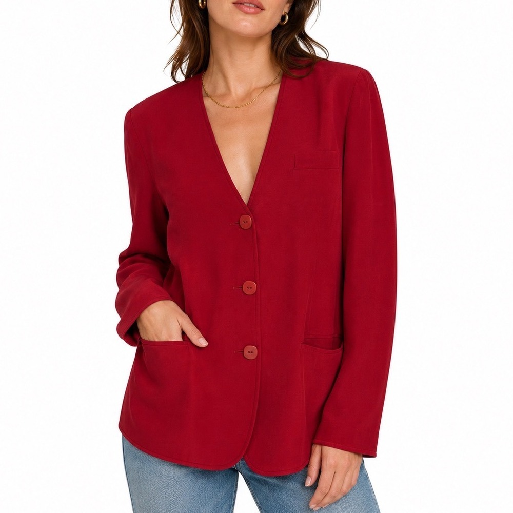 Vintage Blazer 100% Silk Red Size 8 Quiet Luxury Minimalist Closet Staple